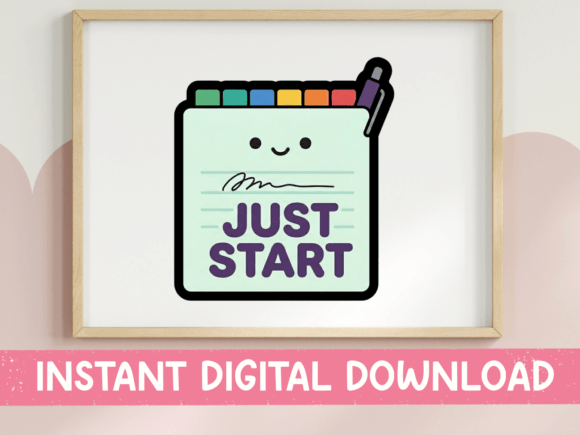 Just Start Kawaii Notepad Sticker Design: Graphics for Crafts & Creative Brands